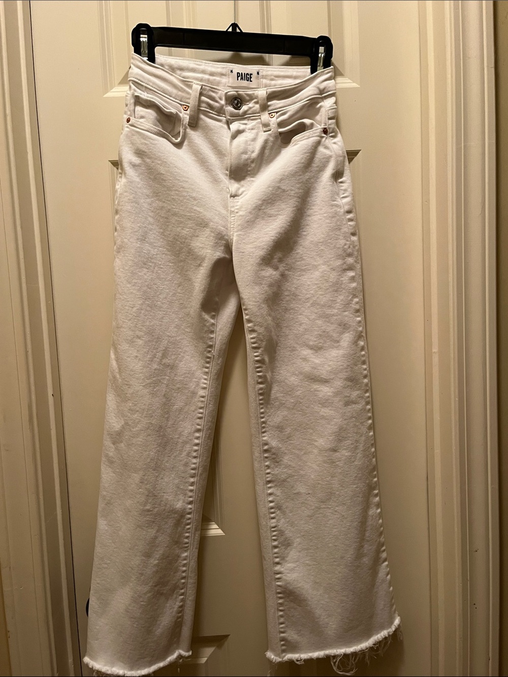 PAIGE Anessa White High-Rise Wide-Leg Cropped Jeans Raw Hem Size 24 - Picture 3 of 10